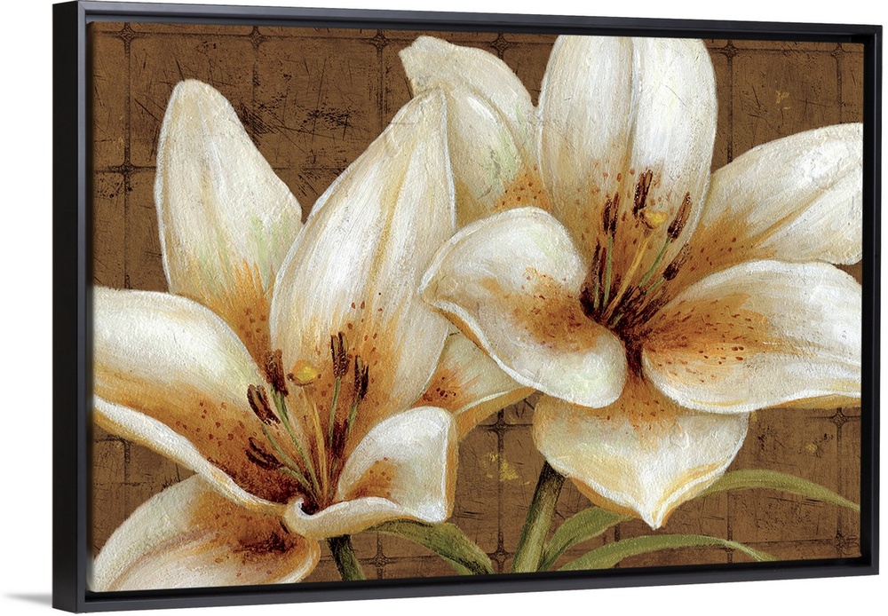 Oversized landscape painting of two large white lily flowers on a neutral tiled background.