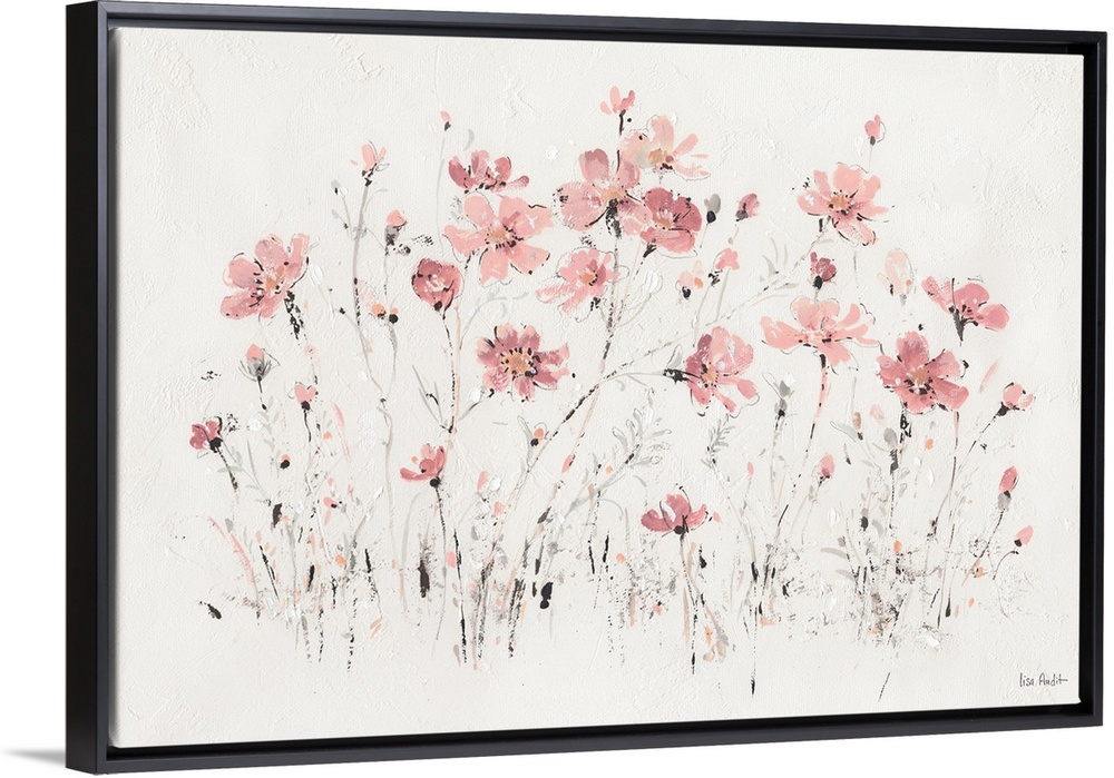 Contemporary artwork with delicate pink flowers with short black strokes over white textured background.