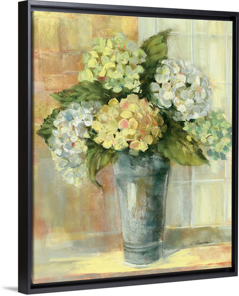 Portrait, large still life painting of golden hydrangeas in a vase, sitting on a counter if front of a tiled wall.