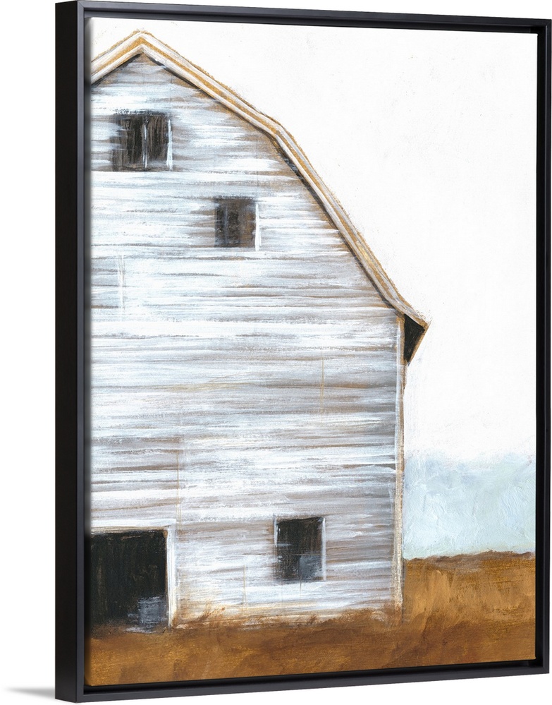 Horizontal brush strokes and a soft amber landscape form to make a cropped image of a white worn barn resting in the country.