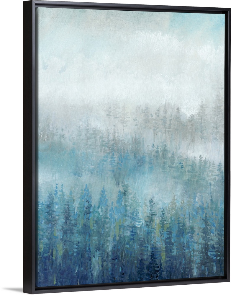 Blue and gray trees fill this contemporary landscape painting with mist and fog in the background.