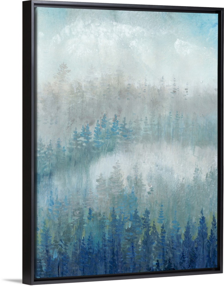 Blue and gray trees fill this contemporary landscape painting with mist and fog in the background.