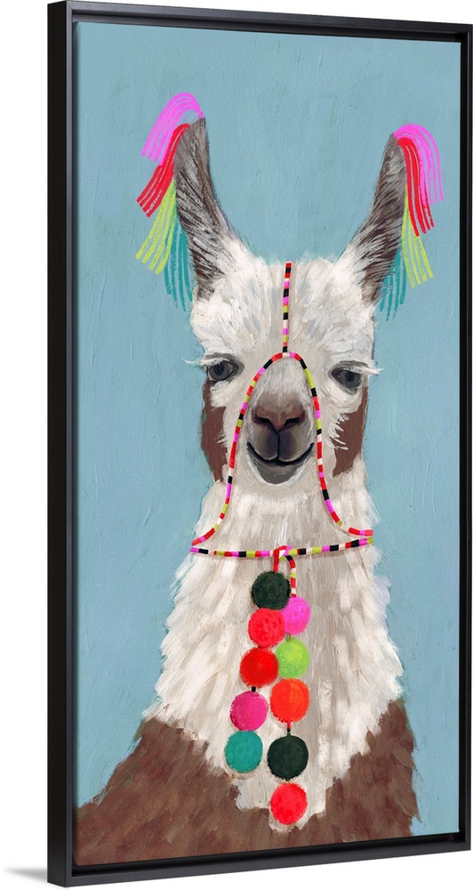 One painting in a series of festive llamas with goofy grins wearing colorful tassels and bright pom-poms.