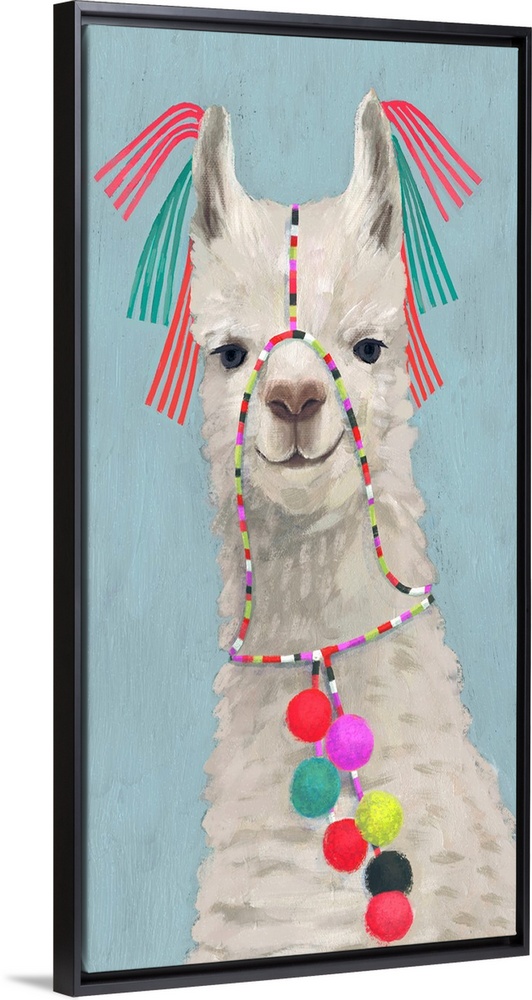One painting in a series of festive llamas with goofy grins wearing colorful tassels and bright pom-poms.