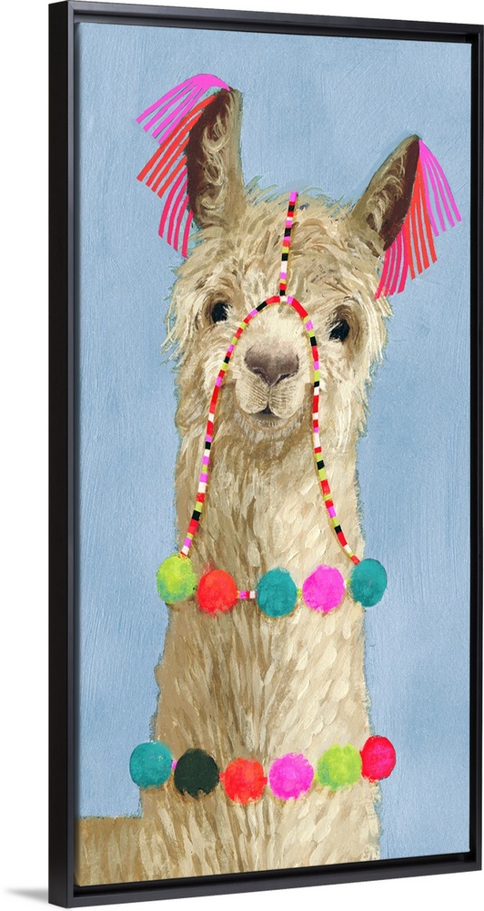One painting in a series of festive llamas with goofy grins wearing colorful tassels and bright pom-poms.
