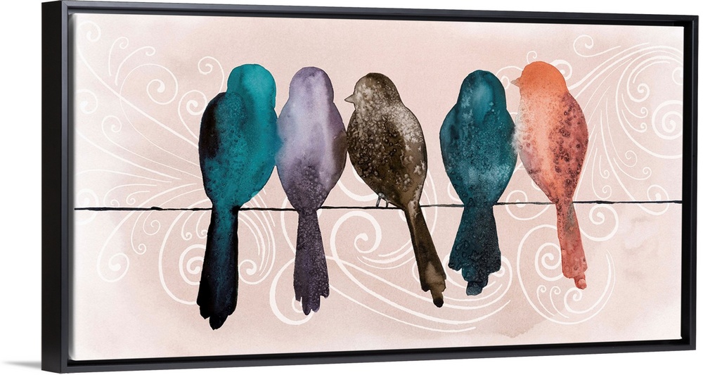 Five watercolor bird silhouettes perched on a thin wire.