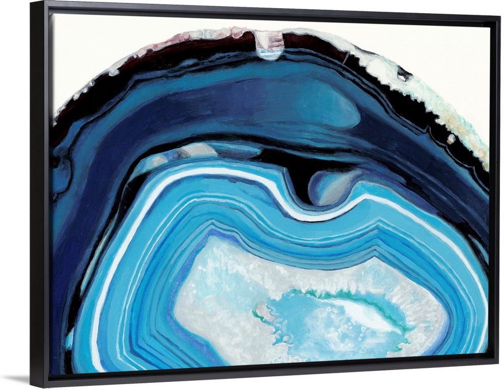 Contemporary painting of a cross section of mineral agate in bright blue.