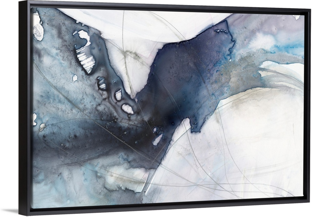 Abstract painting featuring a diagonal wave-like shape in a variety of blue shades.