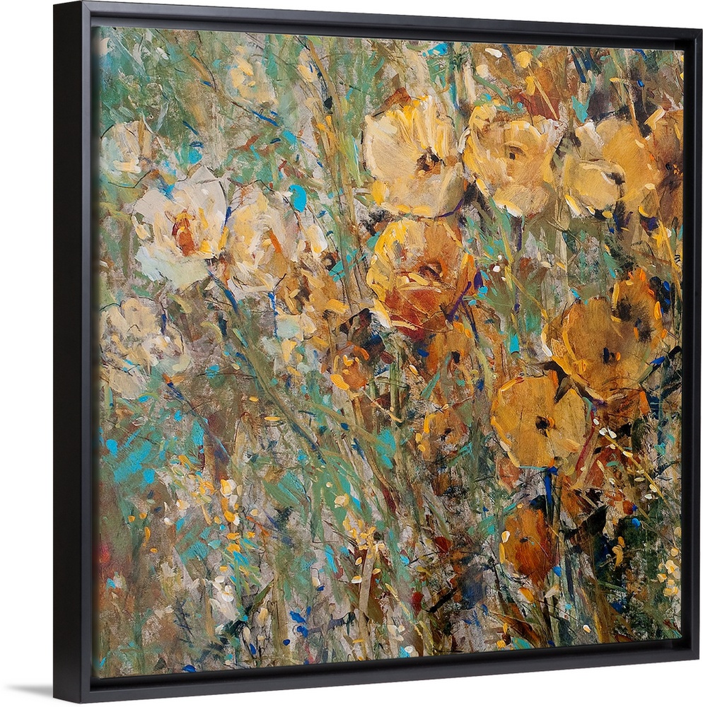 Contemporary painting of abstract flowers with background consisting of colorful paint splats.