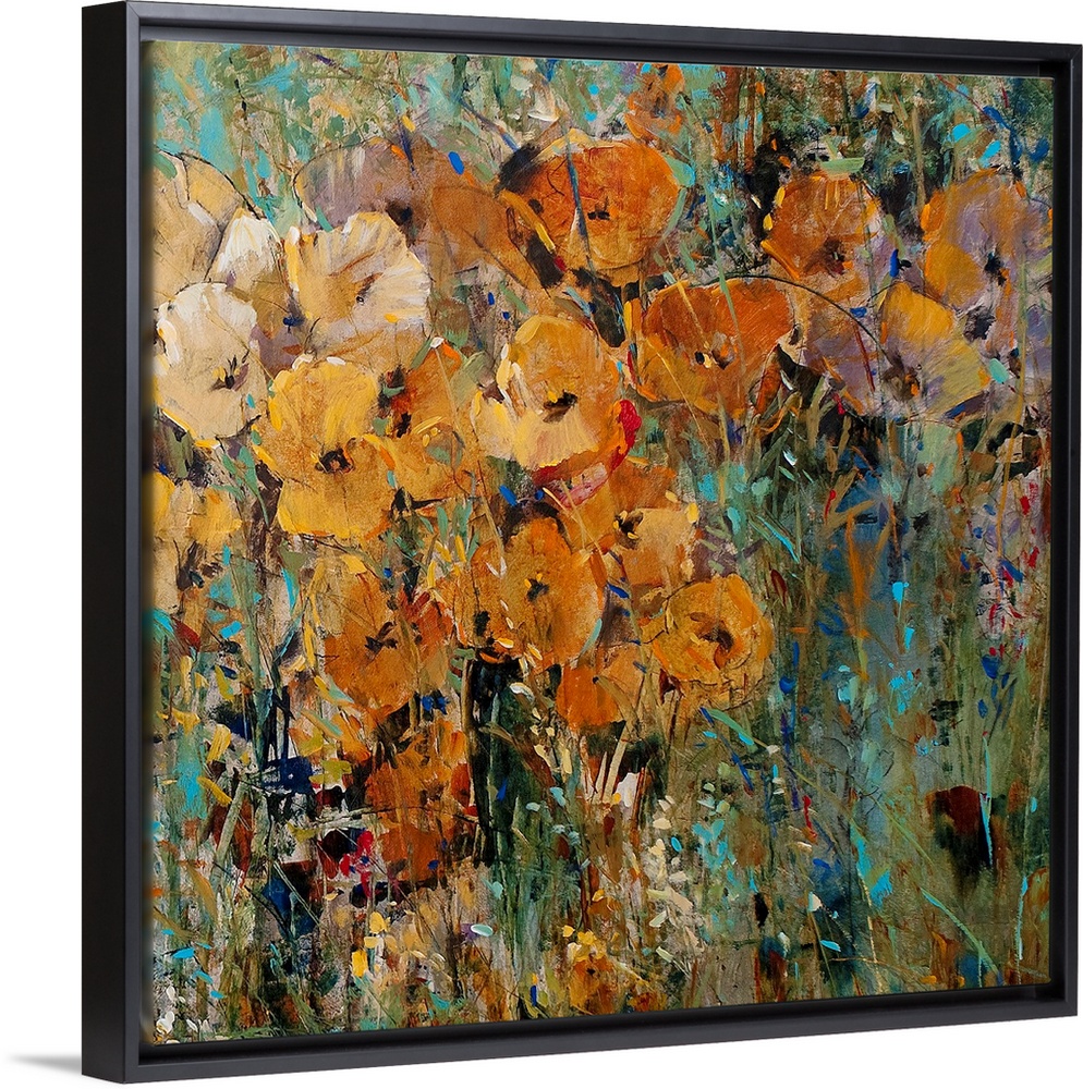 Large floral art focuses on an arrangement of flowers sitting in the wild.  Artist uses a wide spectrum or colors to creat...