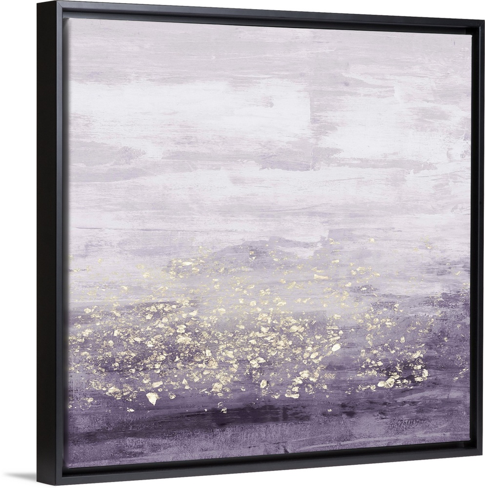 Abstract painting of horizontal brush strokes of purple,with dark shades on the bottom, and overlapping specks of gold.