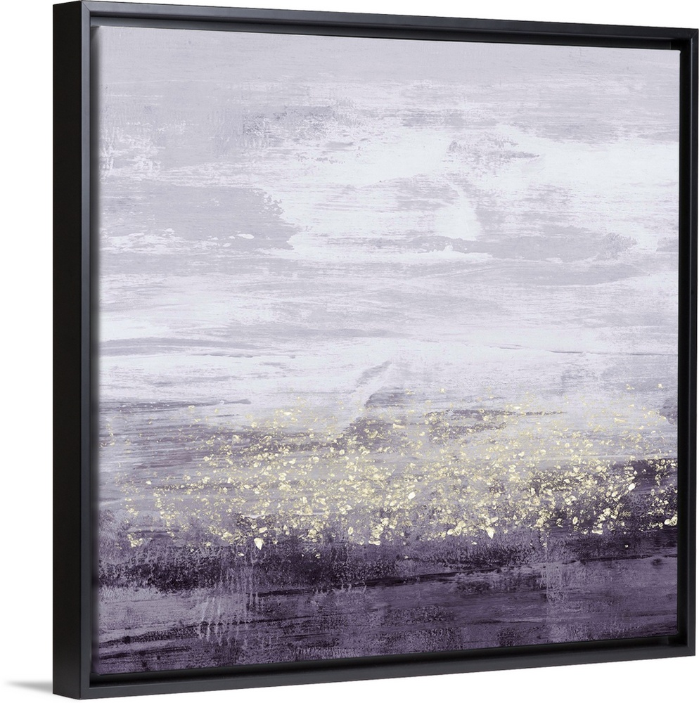 Abstract painting of horizontal brush strokes of purple,with dark shades on the bottom, and overlapping specks of gold.