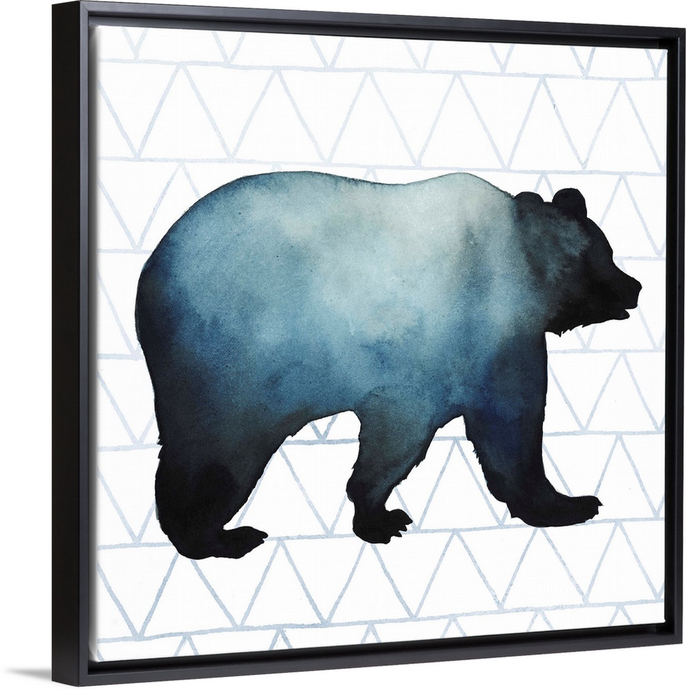 Watercolor bear silhouette on a grey geometric background.