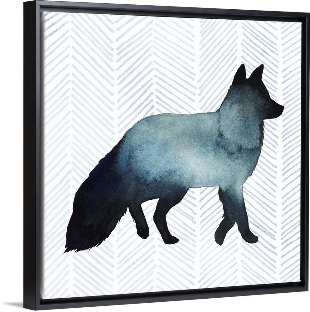 Watercolor fox silhouette on a grey geometric background.