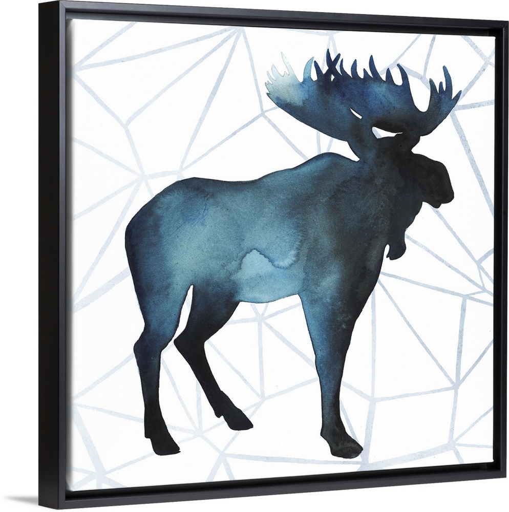 Watercolor moose silhouette on a grey geometric background.