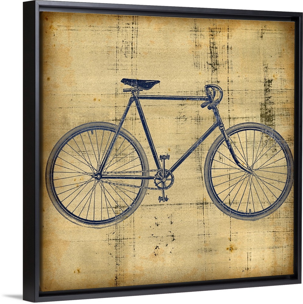 Square canvas painting of a bicycle on top of a grungy textured backdrop.