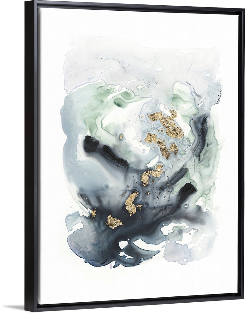 Watercolor painting of blending tones of gray and green with metallic gold leaf accents.