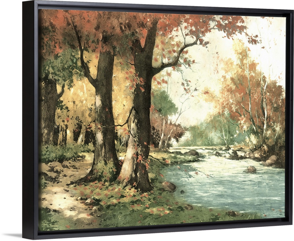 Contemporary artwork of an autumn landscape seen in the foliage of the trees.