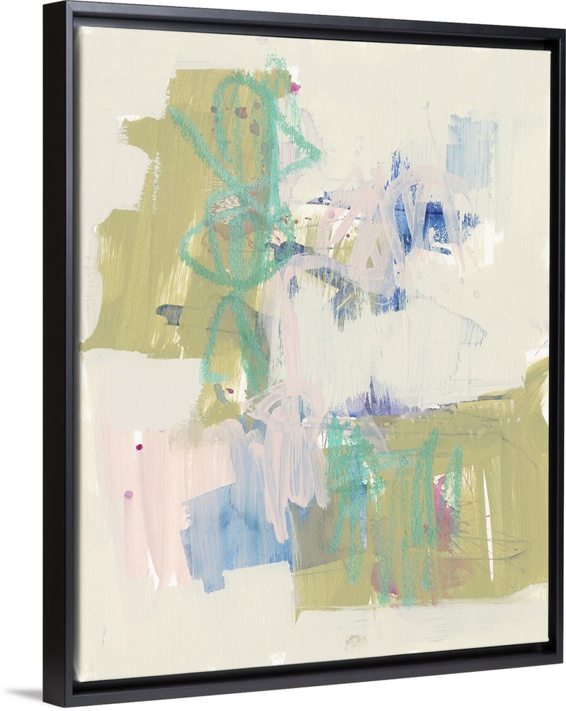 Contemporary abstract painting with bright blue and olive green shapes amongst a field of pale pink.