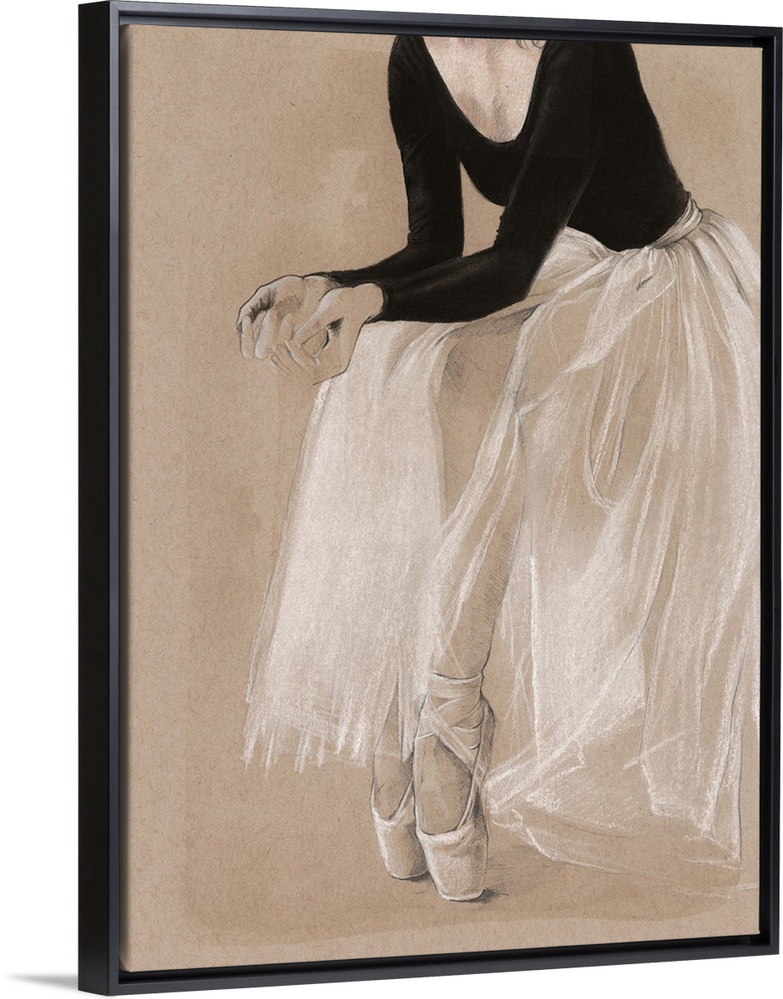 Detail drawing of the lower half of a ballerina, done in black and white on a beige background.