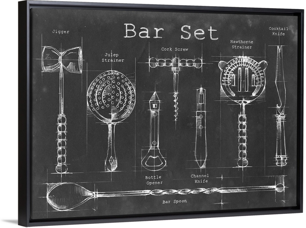 Blueprint style artwork of a cocktail recipe perfect for a kitchen or home bar.