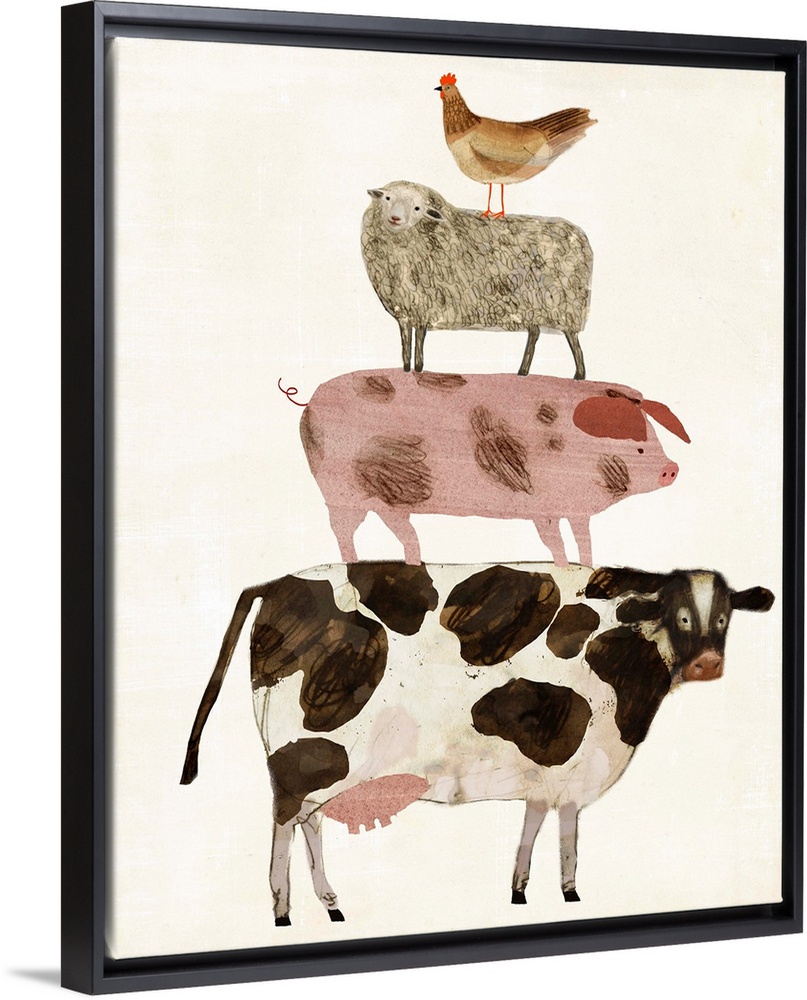 A pyramid of sketched and drawn farm animals fill the neutral distressed background in this decorative folk art.