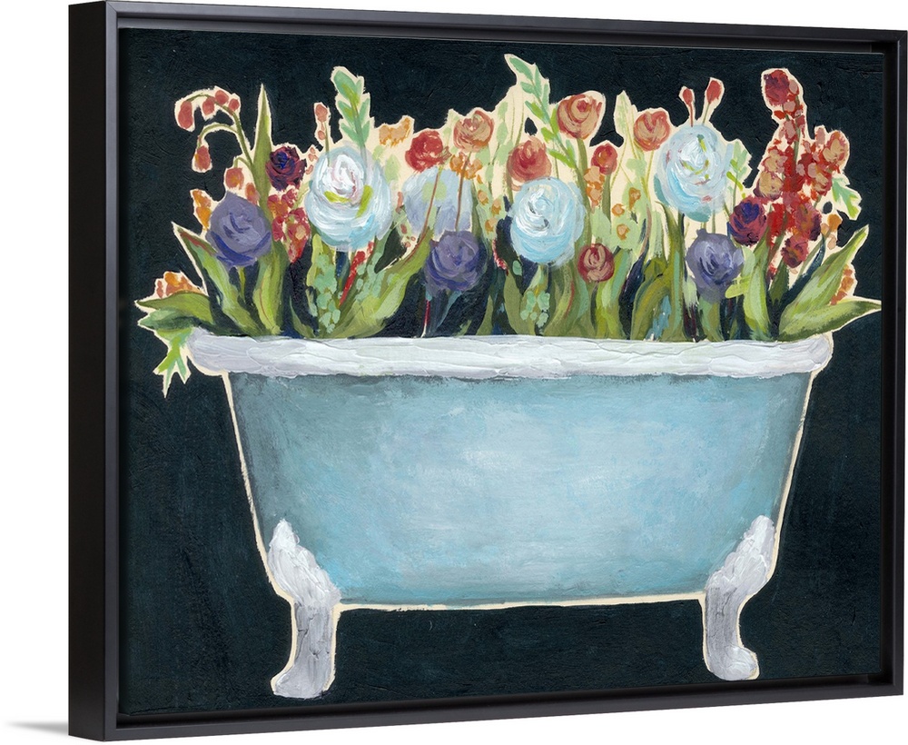 Contemporary painting of a blue bathtub filled with colorful flowers against a dark blue background.