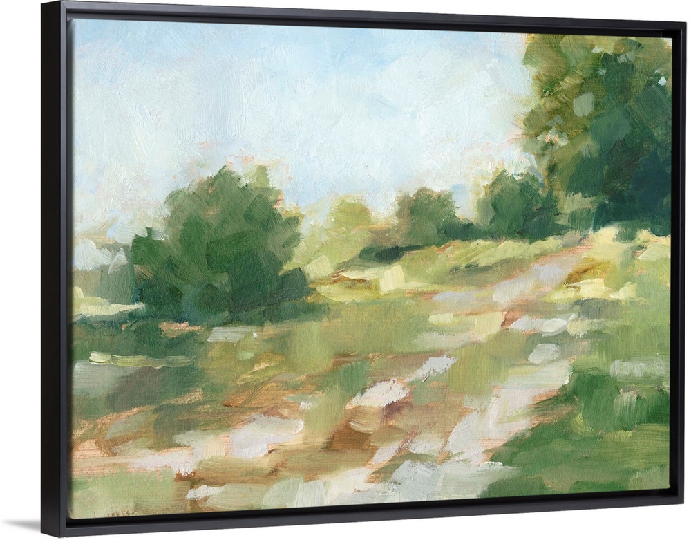 Contemporary abstract painting of a path flowing through a green landscape.