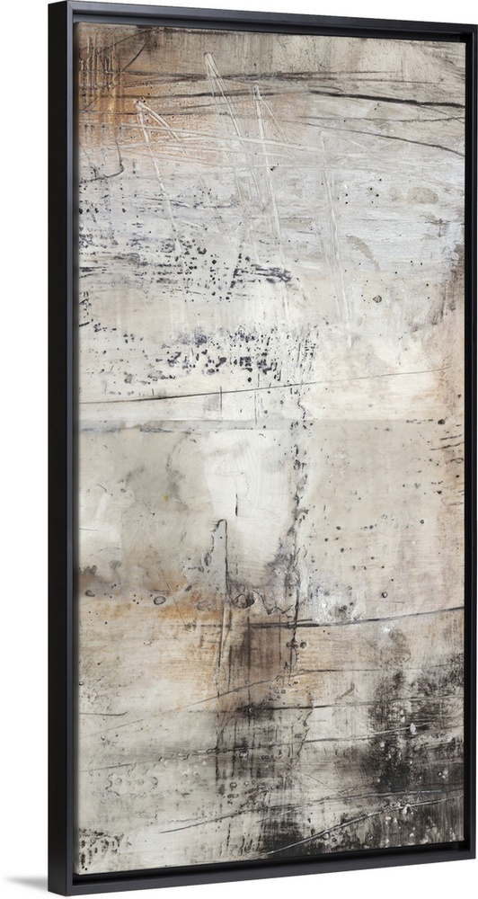 This industrial abstract artwork features textural designs in earthy and rustic tones over a chalky background.