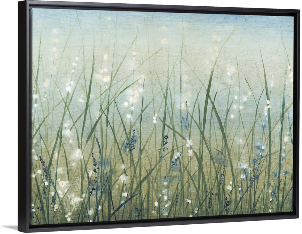 Contemporary painting of a field of wild grasses with small white flowers.
