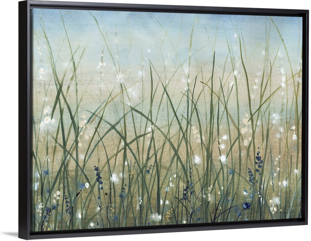 Contemporary painting of a field of wild grasses with small white flowers.