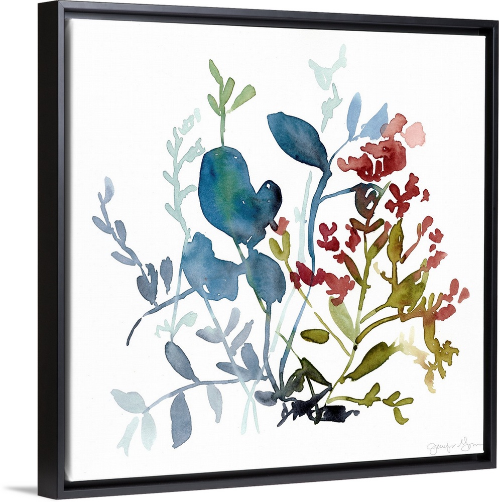 Watercolor painting of an assortment of flowers and leaves.