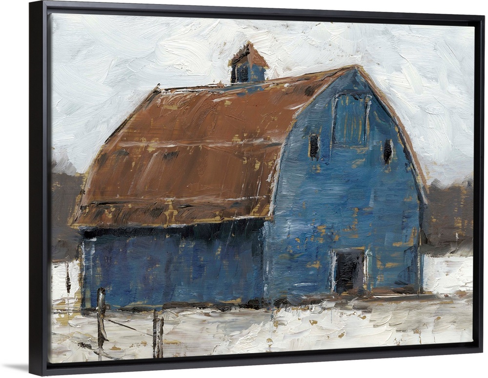 A cool, wintery image of a large denim-blue barn with a rusty brown roof on snowy ground under a sky filled with thick clo...