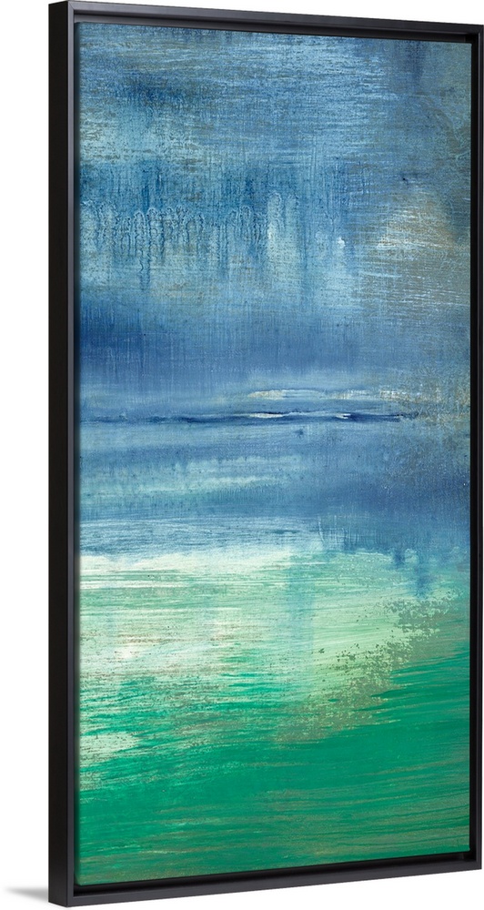 Vertical abstract painting of a turquoise bay with a hazy sky and pastel water, with the subtle reflection of the coast on...