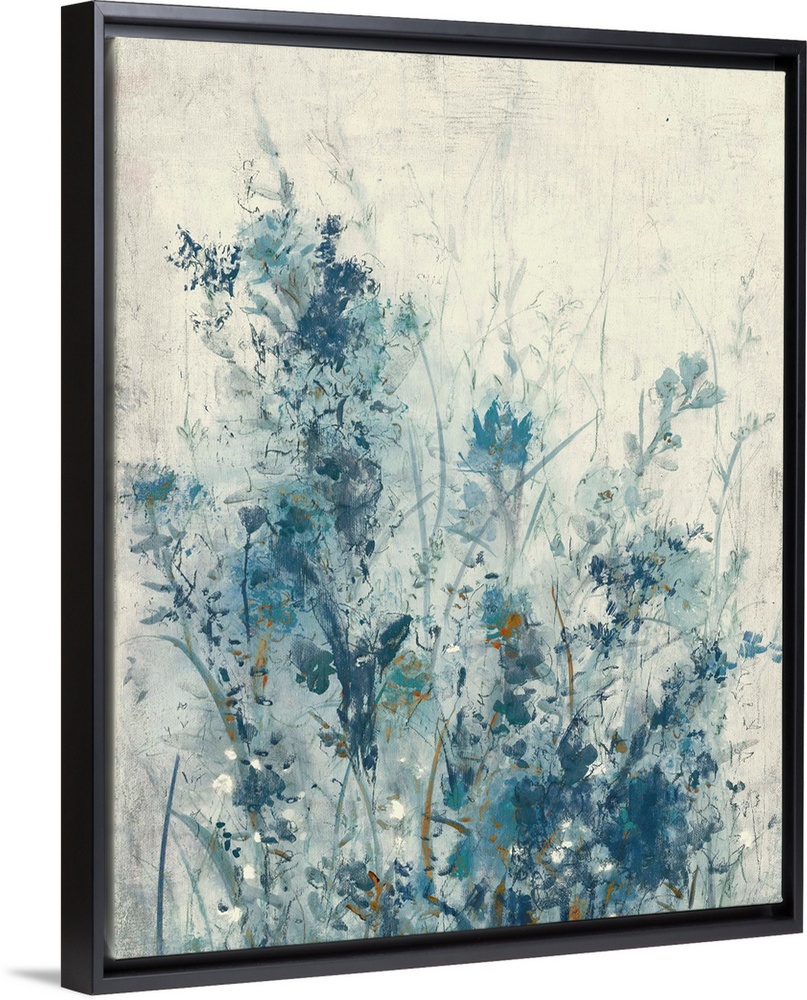 Vertical contemporary painting of a garden of spring flowers in different shades of blue.