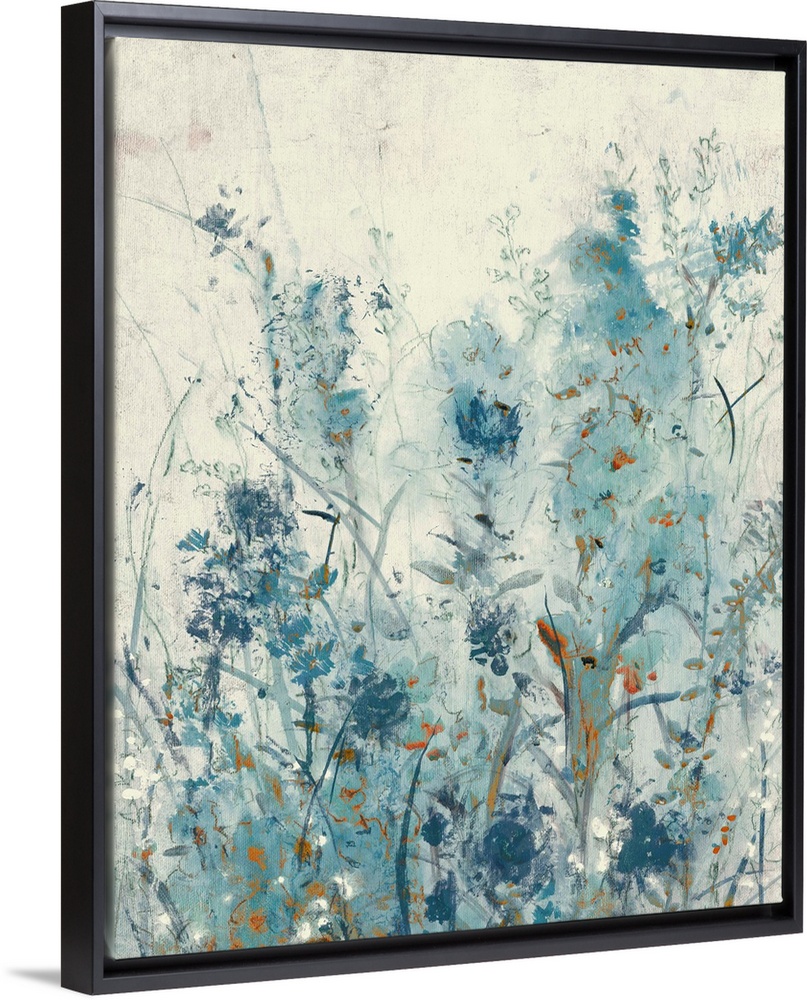 Vertical contemporary painting of a garden of spring flowers in different shades of blue.