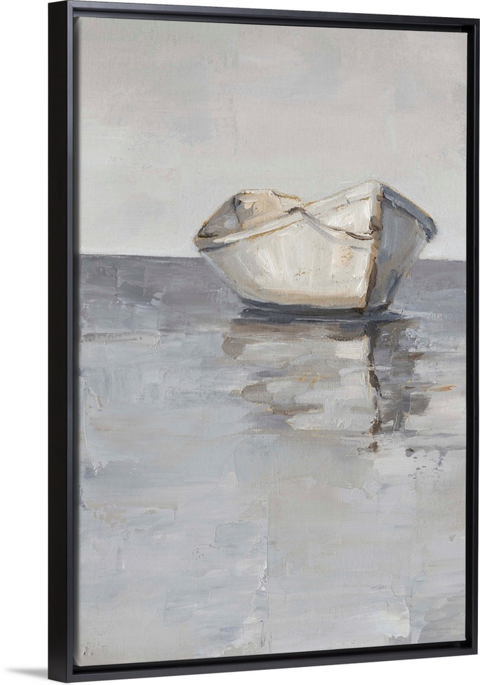 Contemporary painting of a boat sitting on the ocean in various gray tones.