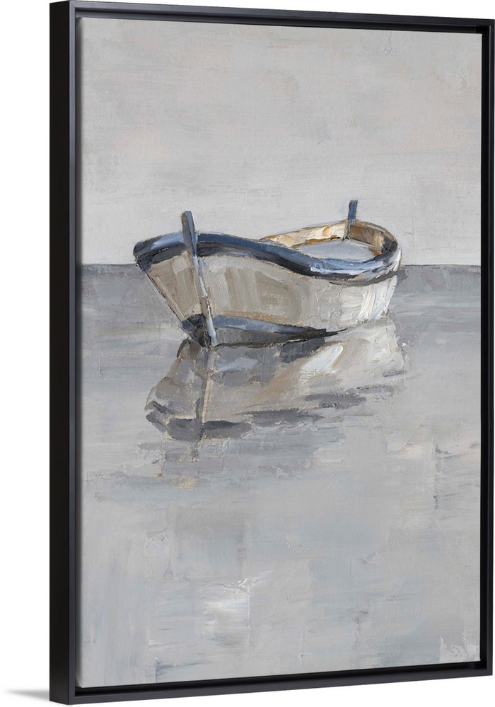 Contemporary painting of a boat sitting on the ocean in various gray tones.