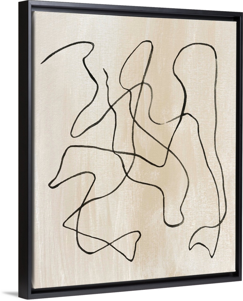 Contemporary abstract painting of curved lines on a neutral background.