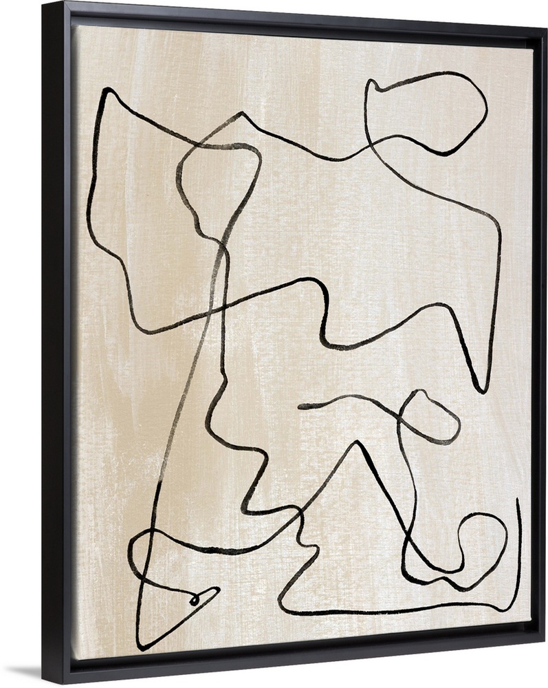 Contemporary abstract painting of curved lines on a neutral background.