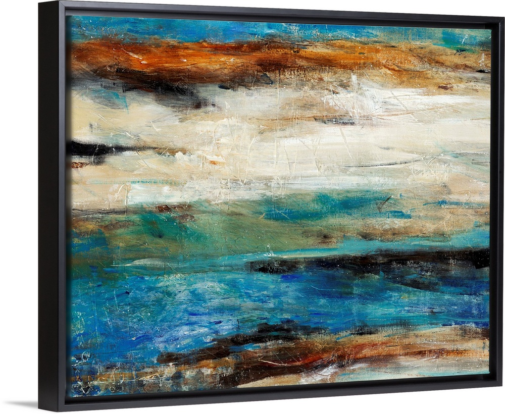 Contemporary abstract art using cool tones mixed with earth tones in a horizontal formation.