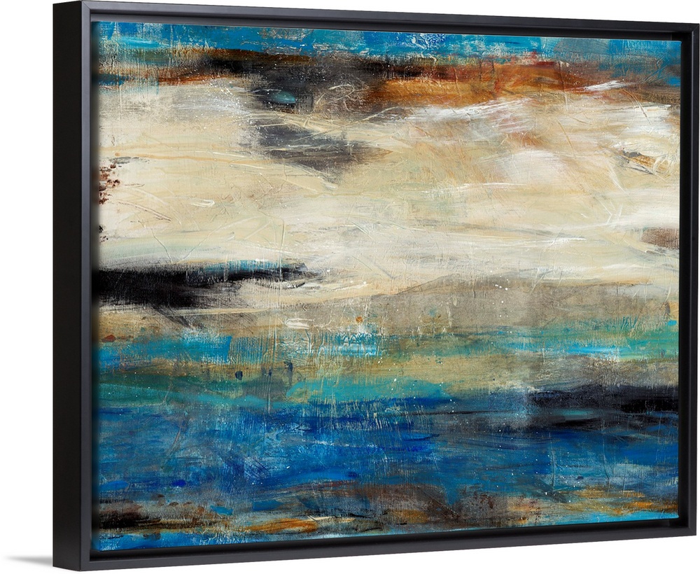 Contemporary abstract art using cool tones mixed with earth tones in a horizontal formation.