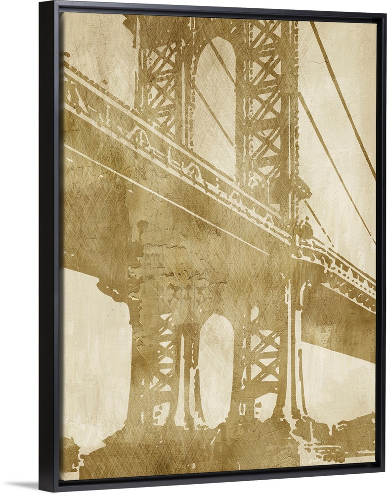 Vertical wall art for the home or office of a latticed iron work tower on a suspension bridge illustrated as a silhouette ...