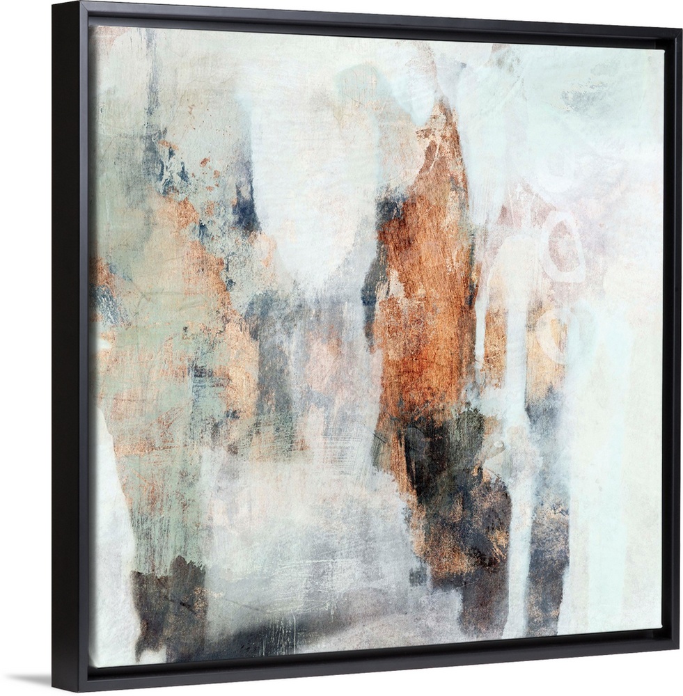 Contemporary abstract painting with white, mint, and copper brushstrokes.