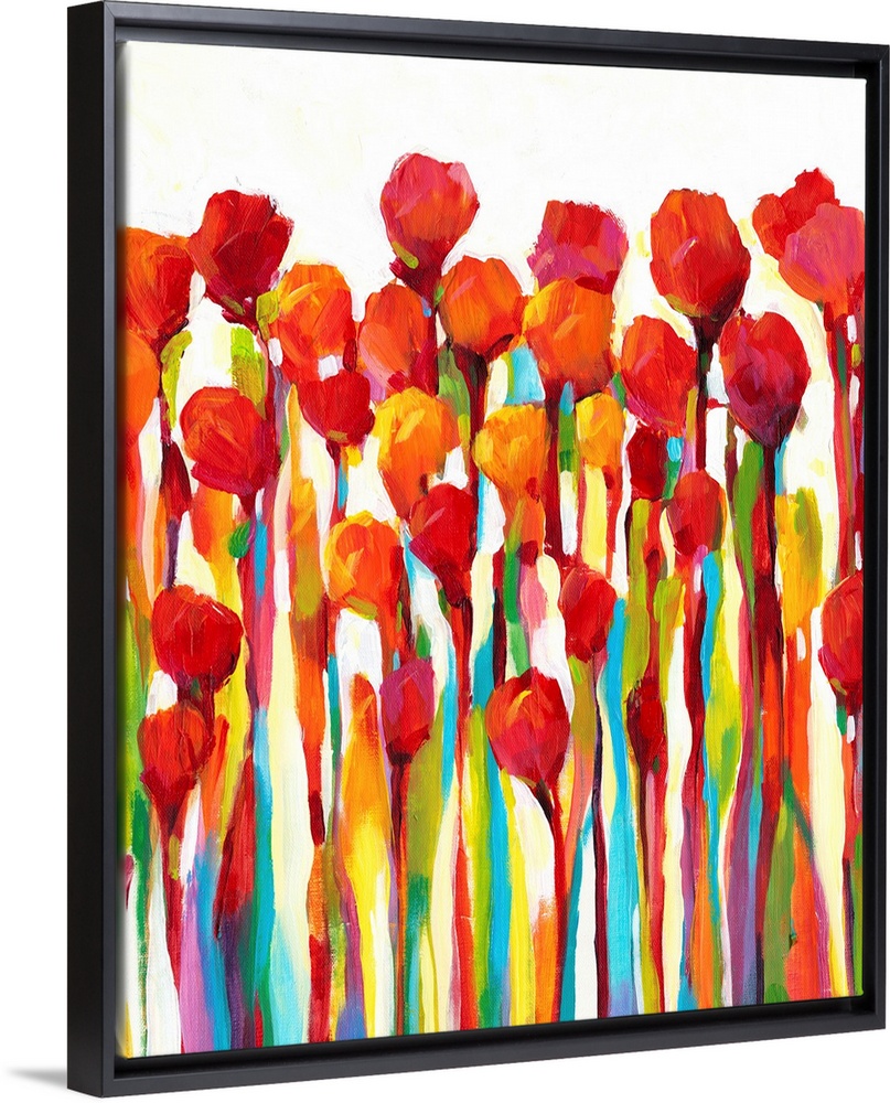 Bright contemporary painting of red flowers with rainbow stems.