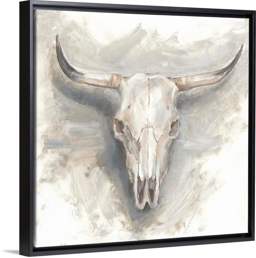 Contemporary painting of a mounted cattle skull in muted gray and beige hues.