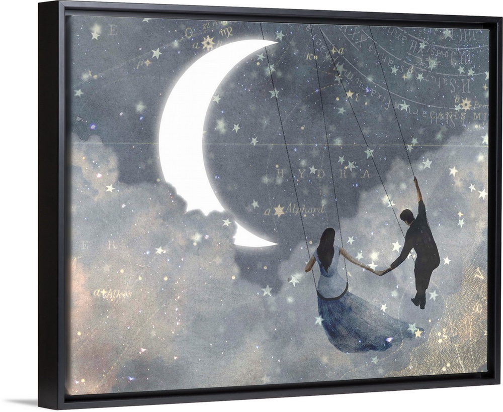 Whimsical design of a couple on swings, flying through the clouds on a starry night with a crescent moon.