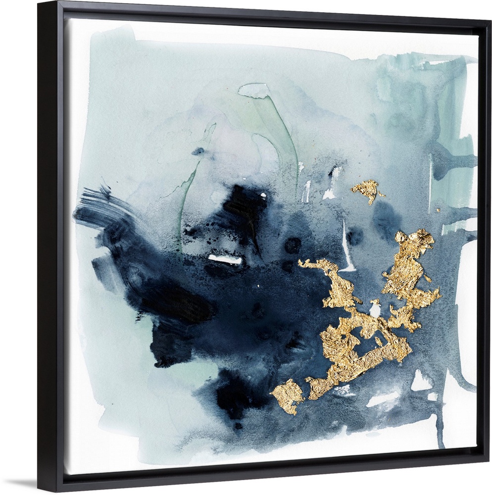 Watercolor painting of chaotic brush strokes of blue/gray tones with metallic gold leaf accents.