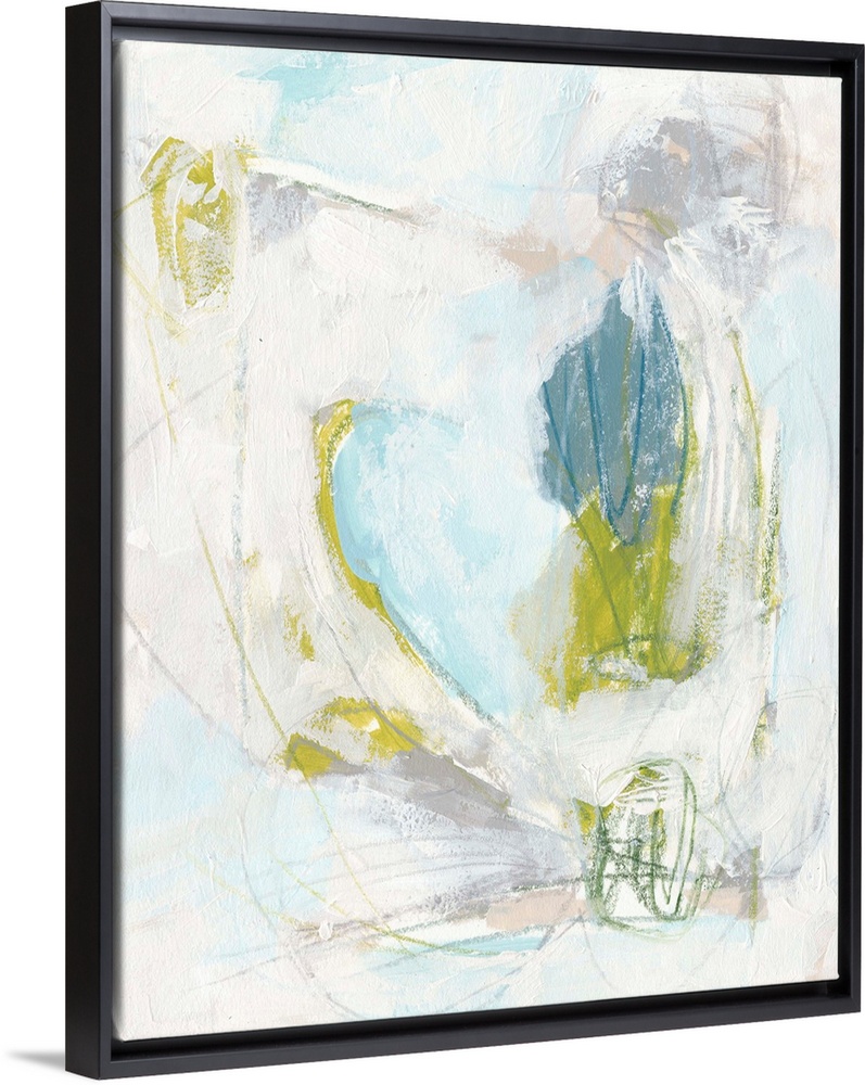 Contemporary abstract painting in green, blue, and white.