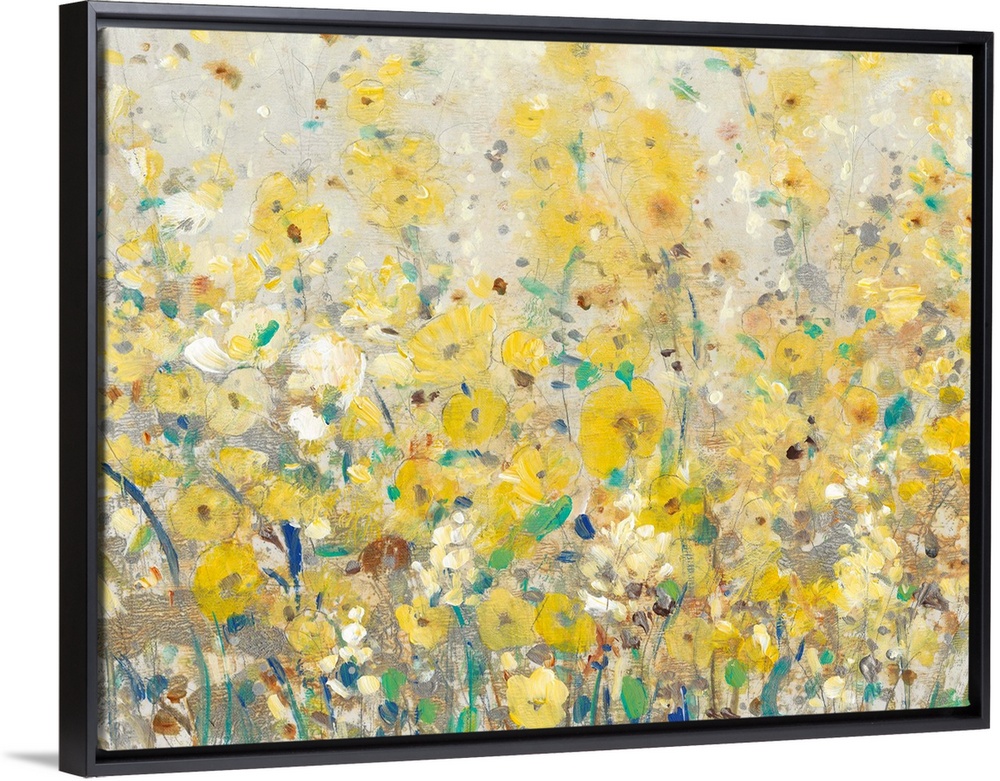 A contemporary painting displaying flowers and plants that are represented in mostly yellow tones.